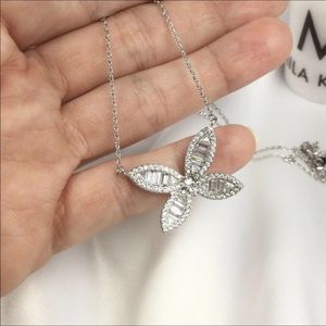 Butterfly Necklace Baguettes and Premium CZ. White Rhodium Plated.
